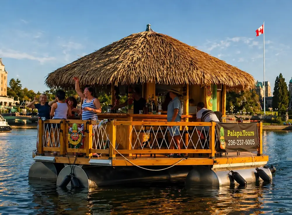 Palapa tiki boat with thatched roof